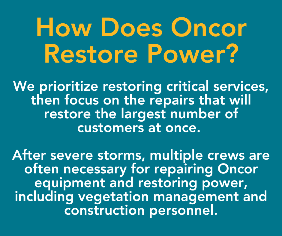 We first restore critical emergency services, then focus on the repairs that will restore the largest number of customers at once. Other factors like outage events with damage to equipment and trees and vegetation can take longer time, ... (Facebook Post) - 1