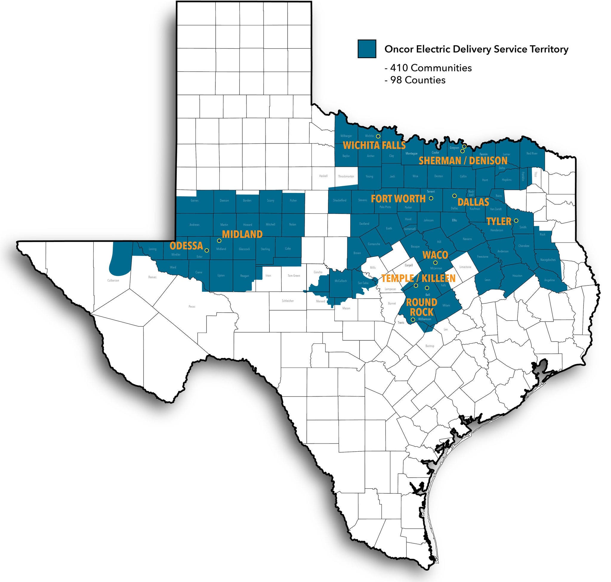 Map of Texas showing the Oncor Service Territory